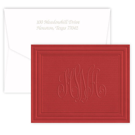 Red Monogram Frame Folded Note Cards - Embossed